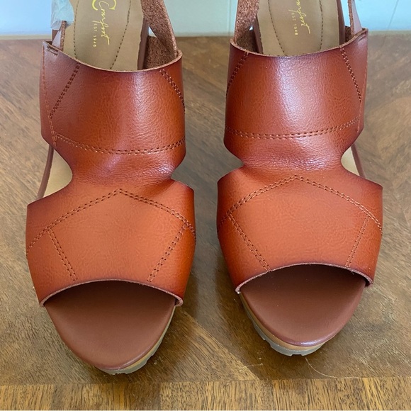 New Chunky Heel Sandel 9.5 Stacked Block Cognac Brown Strap Comfort Retro - Picture 6 of 11
